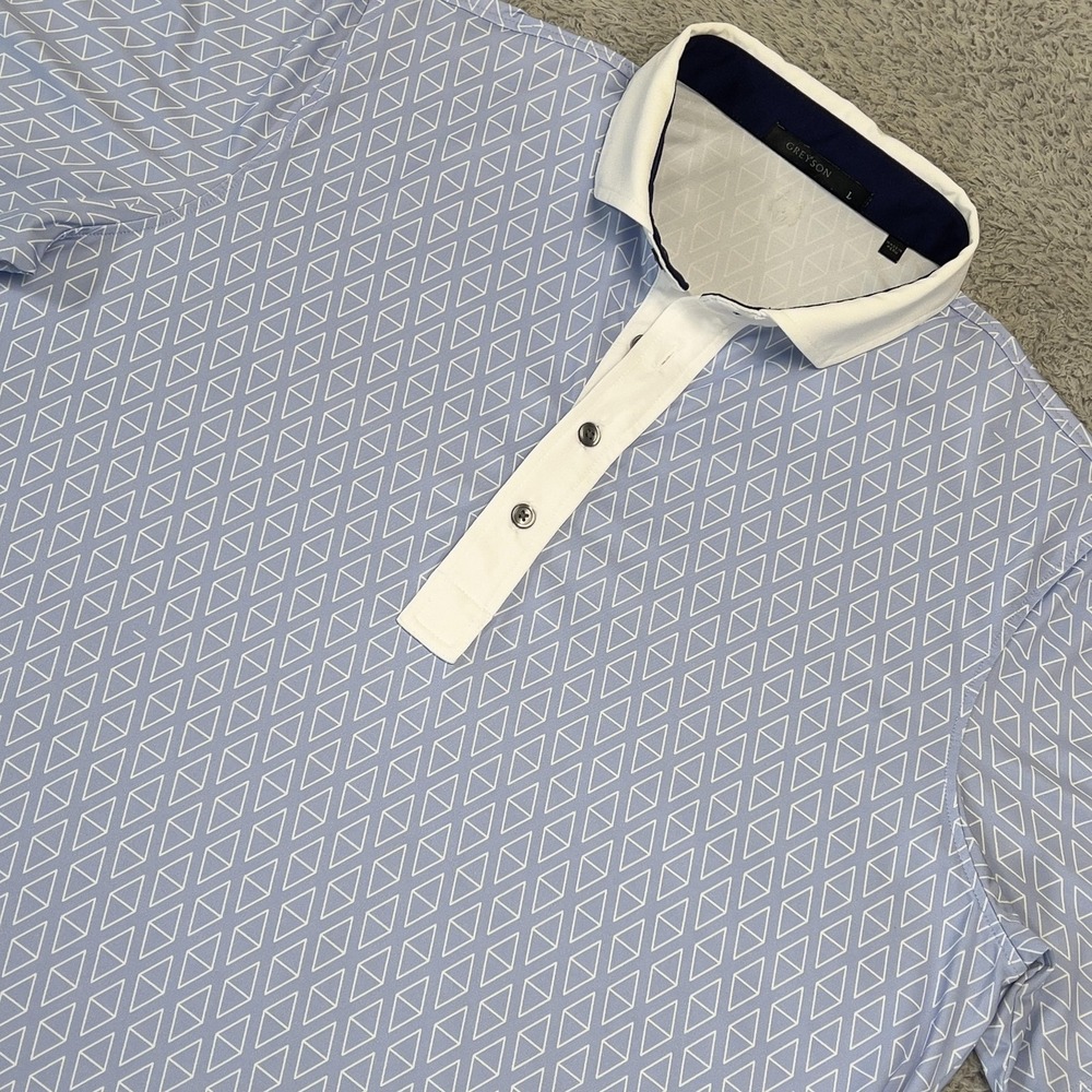 Greyson Polo Shirt Mens L Blue Geometric Golf Performance Jersey Athleisure